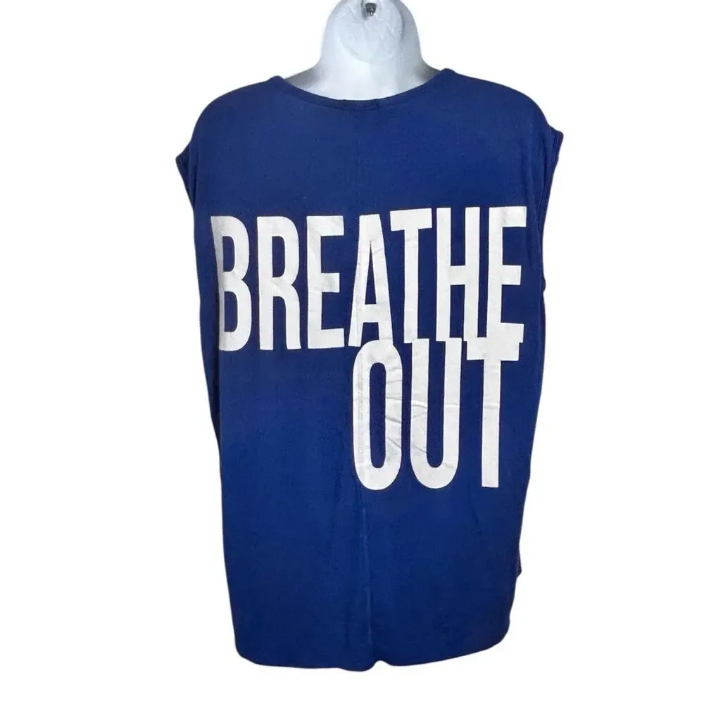 Women's Blue Muscle Shirt Sz M Breathe In Breathe Out Sleeveless Yoga Tee Top